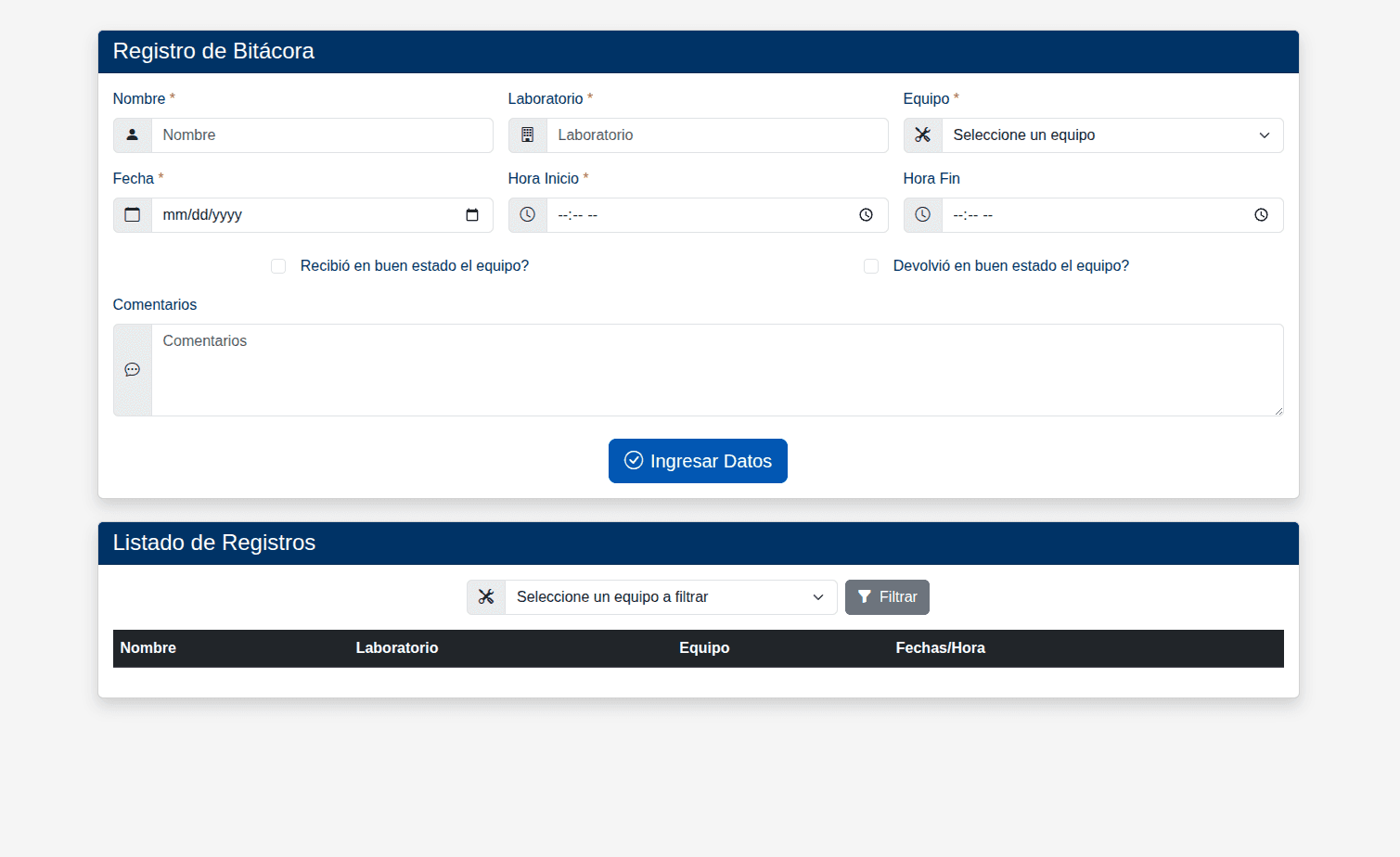 Research Equipment Usage Log